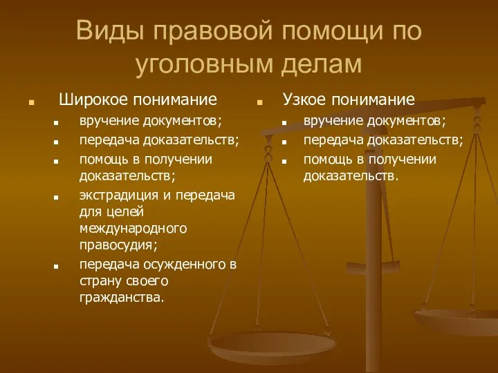 Виды правовой помощи по уголовным делам Широкое понимание вручение документов;