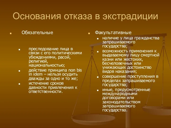 Основания отказа в экстрадиции Обязательные преследование лица в связи с