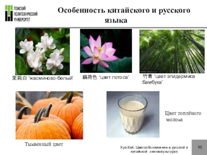 10 Особенность китайского и русского языка 茉莉白 ‘жасминово-белый’ 竹青 ‘цвет эпидермиса бамбука’ Хуа