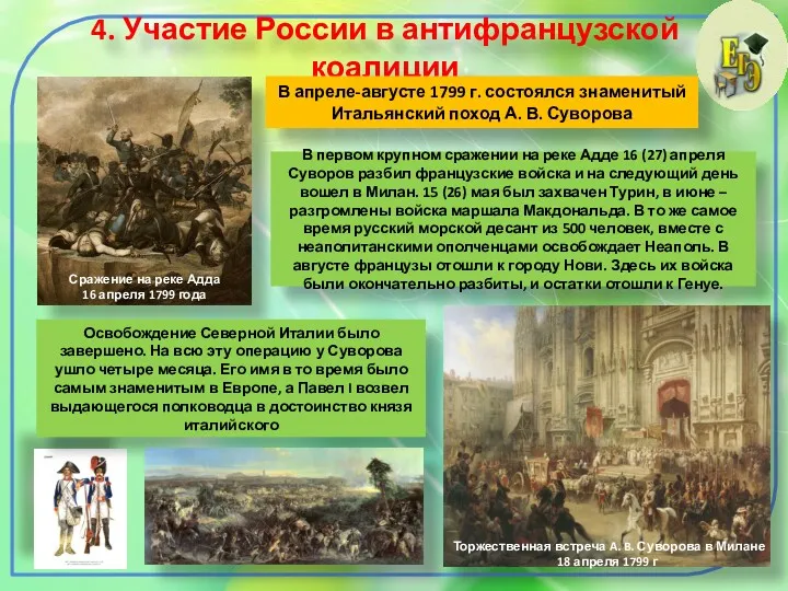 4. Участие России в антифранцузской коалиции В апреле-августе 1799 г. состоялся знаменитый Итальянский