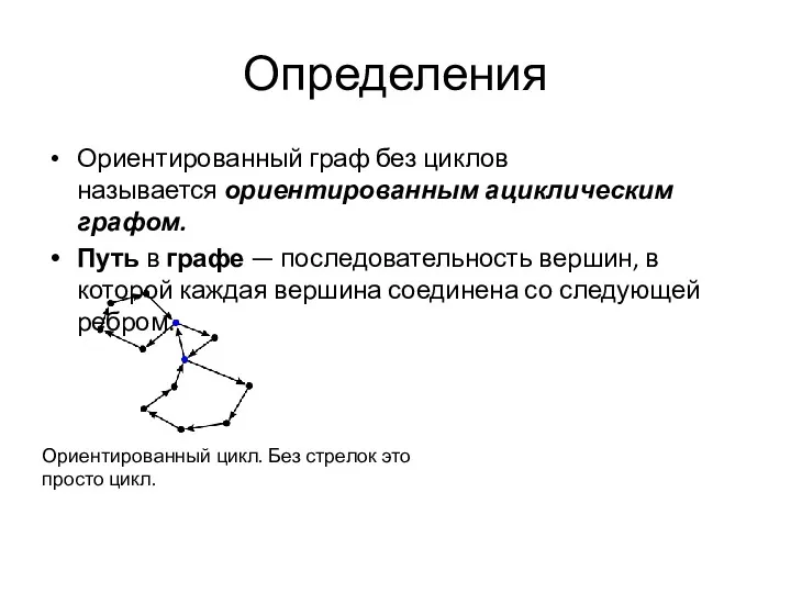 Определения Ориентированный граф без циклов называется ориентированным ациклическим графом. Путь в графе —