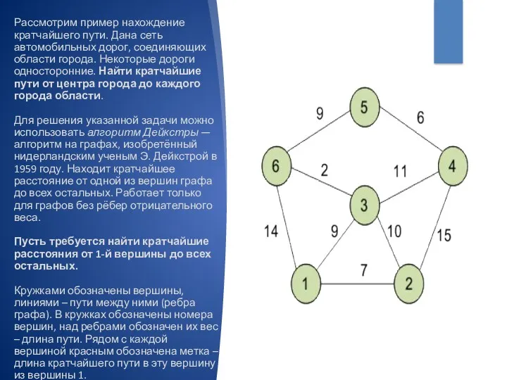 Рассмотрим пример нахождение кратчайшего пути. Дана сеть автомобильных дорог, соединяющих области города. Некоторые