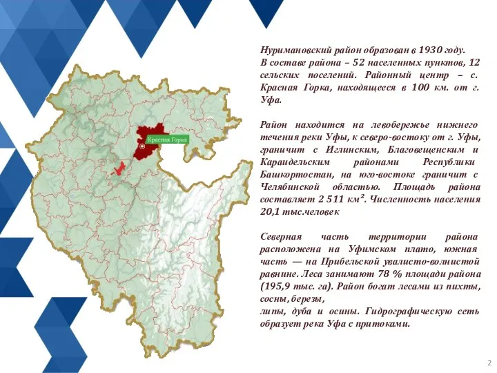 Нуримановский район образован в 1930 году. В составе района – 52 населенных пунктов,