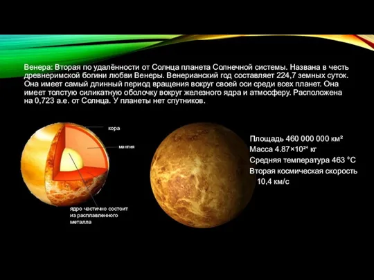 Венера: Вторая по удалённости от Солнца планета Солнечной системы. Названа