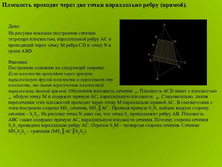 Решение: Построение основано на следующей теореме: Если плоскость проходит через