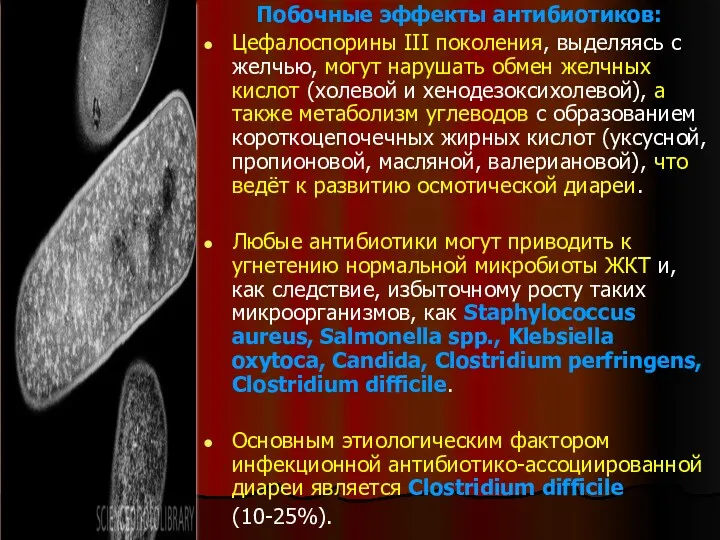 Побочные эффекты антибиотиков: Цефалоспорины III поколения, выделяясь с желчью, могут