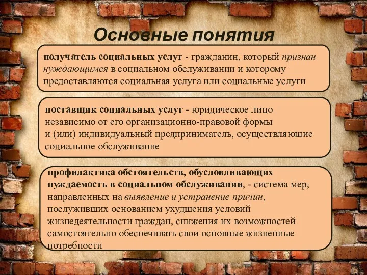 Основные понятия получатель социальных услуг - гражданин, который признан нуждающимся