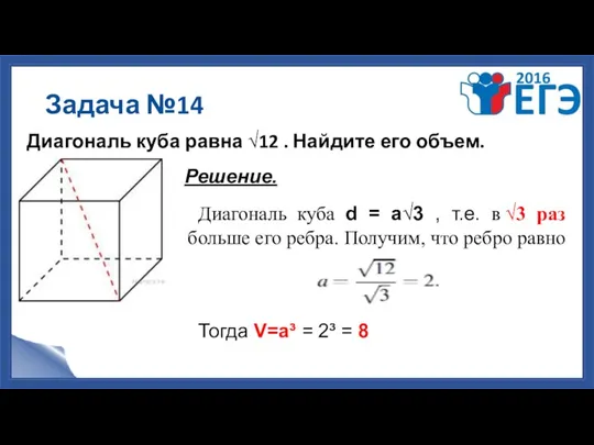 Задача №14 Диагональ куба равна √12 . Найдите его объем.