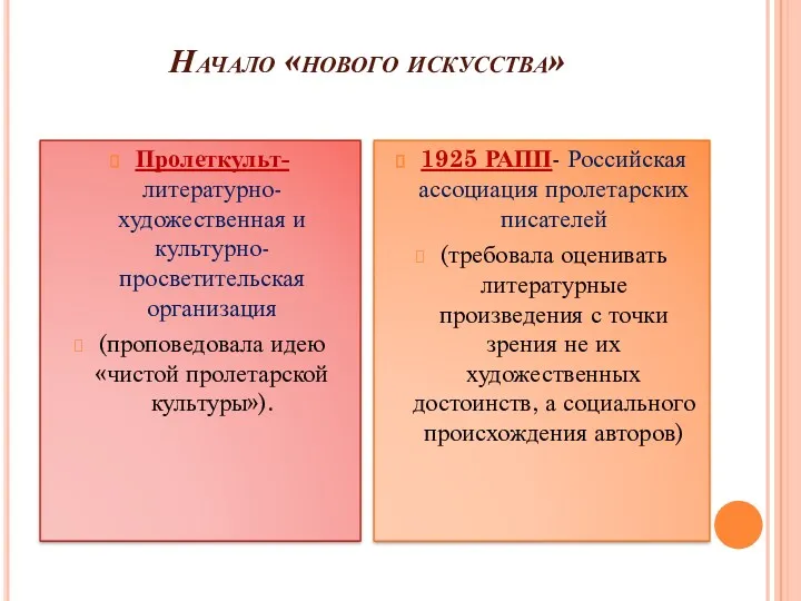 Начало «нового искусства» Пролеткульт-литературно-художественная и культурно-просветительская организация (проповедовала идею «чистой