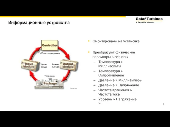 Информационные устройства Смонтированы на установке Преобразуют физические параметры в сигналы