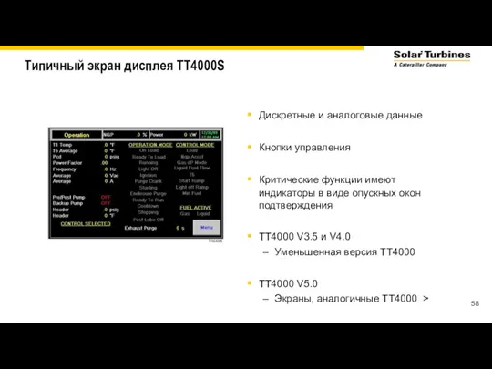 Типичный экран дисплея TT4000S Дискретные и аналоговые данные Кнопки управления