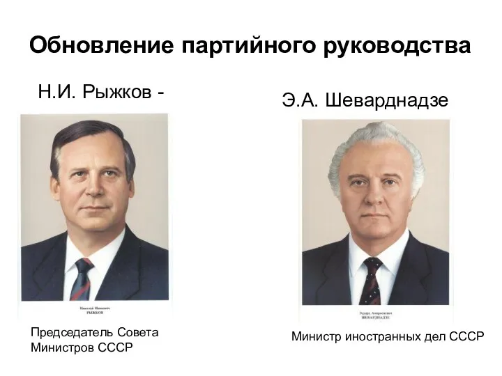 Обновление партийного руководства Э.А. Шеварднадзе Министр иностранных дел СССР Председатель Совета Министров СССР Н.И. Рыжков -