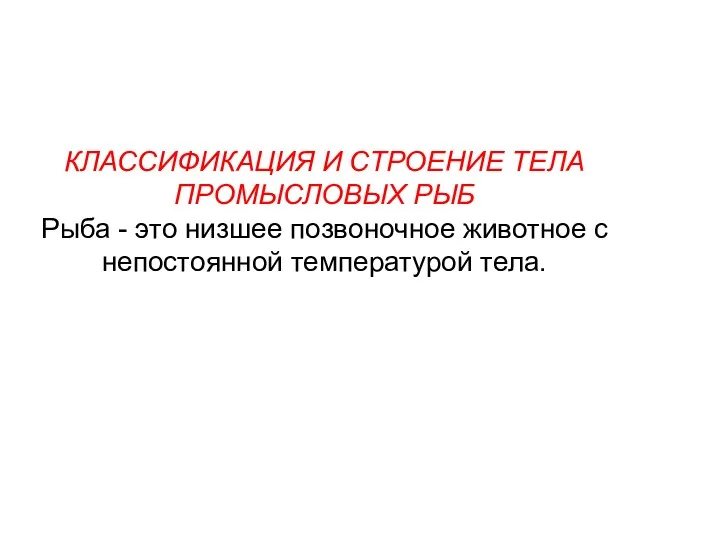 КЛАССИФИКАЦИЯ И СТРОЕНИЕ ТЕЛА ПРОМЫСЛОВЫХ РЫБ Рыба - это низшее позвоночное животное с непостоянной температурой тела.