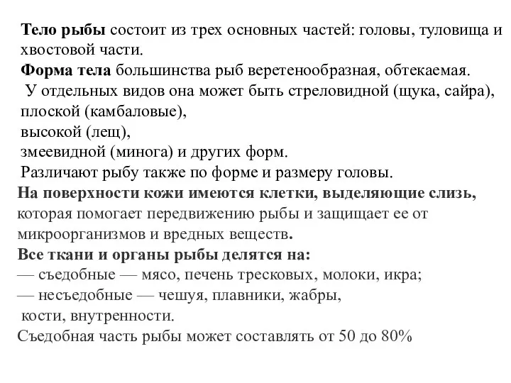 Тело рыбы состоит из трех основных частей: головы, туловища и