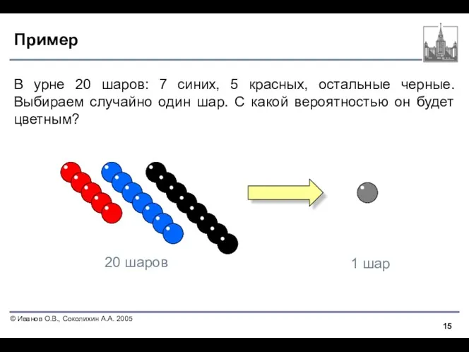 Пример В урне 20 шаров: 7 синих, 5 красных, остальные