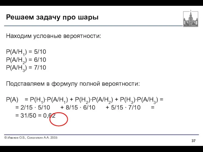 Решаем задачу про шары Находим условные вероятности: P(A/H1) = 5/10