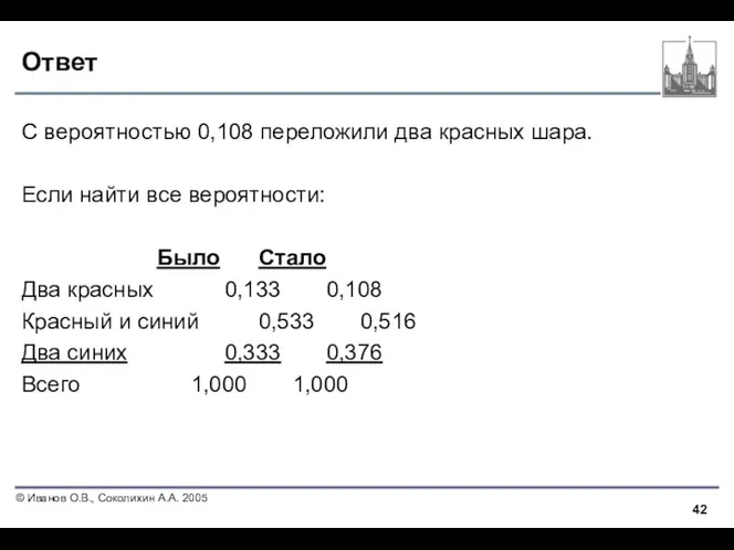 Ответ С вероятностью 0,108 переложили два красных шара. Если найти