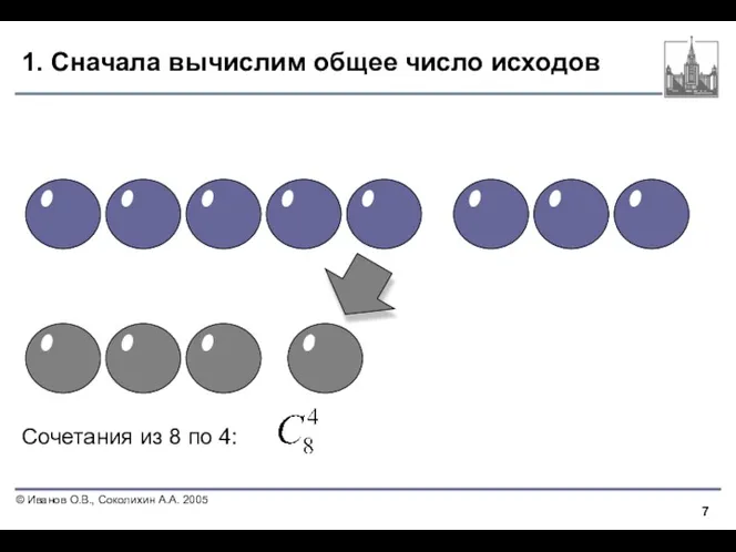 1. Сначала вычислим общее число исходов Сочетания из 8 по 4: