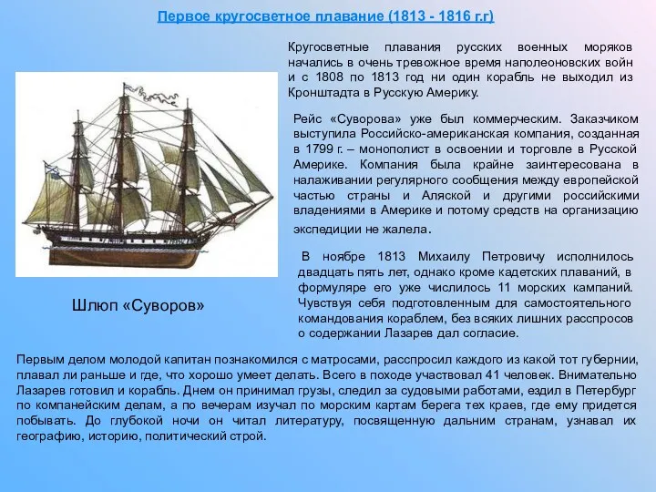 Первое кругосветное плавание (1813 - 1816 г.г) В ноябре 1813 Михаилу Петровичу исполнилось