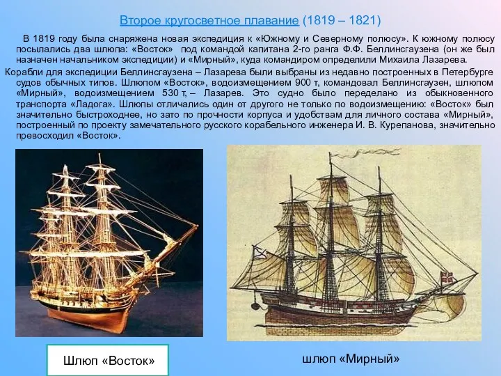 Второе кругосветное плавание (1819 – 1821) В 1819 году была снаряжена новая экспедиция