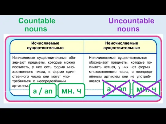 Countable Uncountable nouns nouns a / an a / an мн. ч мн. ч