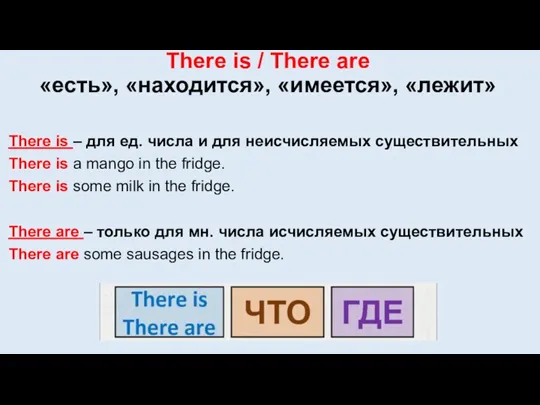There is / There are «есть», «находится», «имеется», «лежит» There