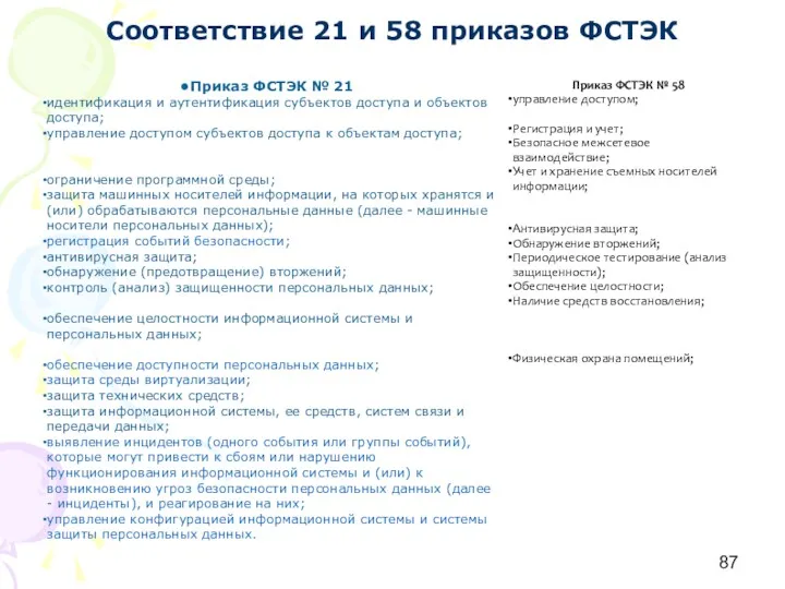 Соответствие 21 и 58 приказов ФСТЭК Приказ ФСТЭК № 21