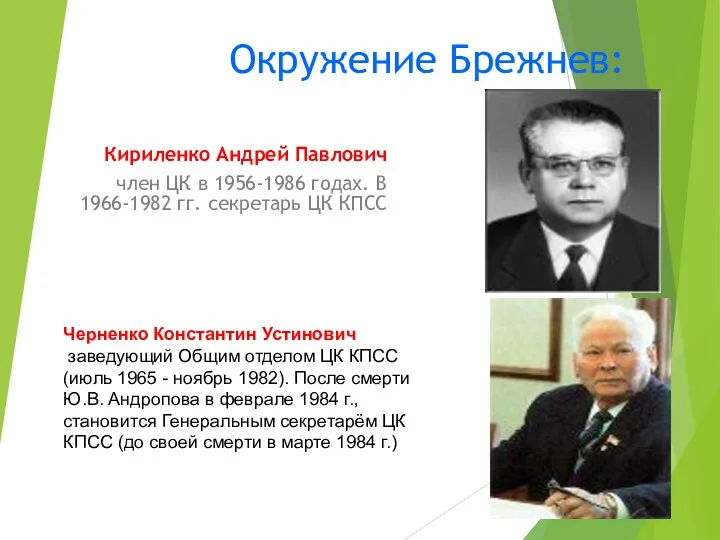 Окружение Брежнев: Кириленко Андрей Павлович член ЦК в 1956-1986 годах. В 1966-1982 гг.