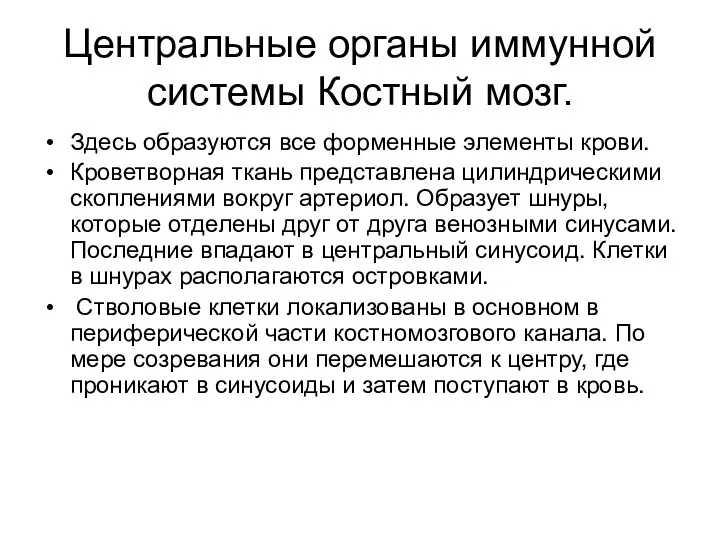 Центральные органы иммунной системы Костный мозг. Здесь образуются все форменные