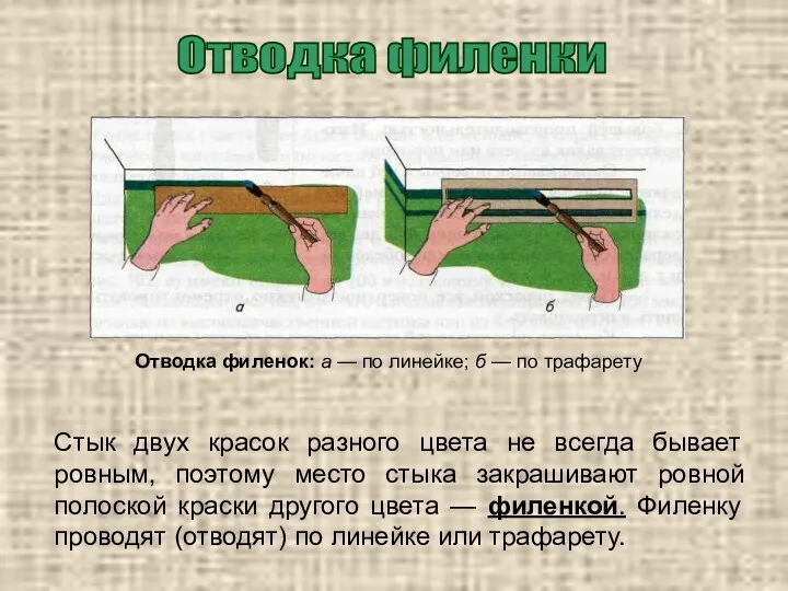 Отводка филенки Отводка филенок: а — по линейке; б —