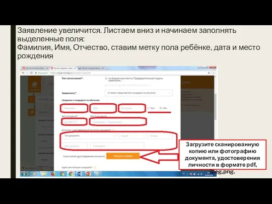 Заявление увеличится. Листаем вниз и начинаем заполнять выделенные поля: Фамилия,