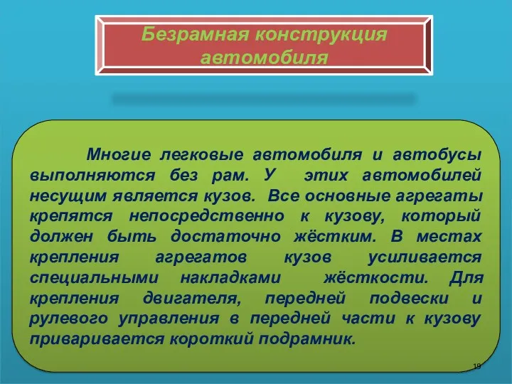 Безрамная конструкция автомобиля Многие легковые автомобиля и автобусы выполняются без