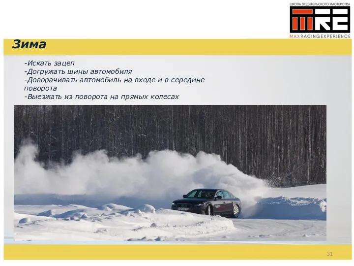 Зима -Искать зацеп -Догружать шины автомобиля -Доворачивать автомобиль на входе и в середине