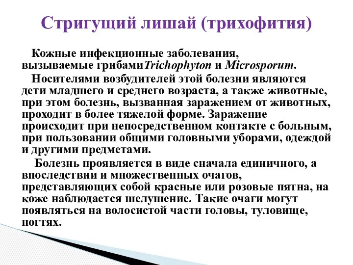 Кожные инфекционные заболевания, вызываемые грибамиTrichophyton и Microsporum. Носителями возбудителей этой