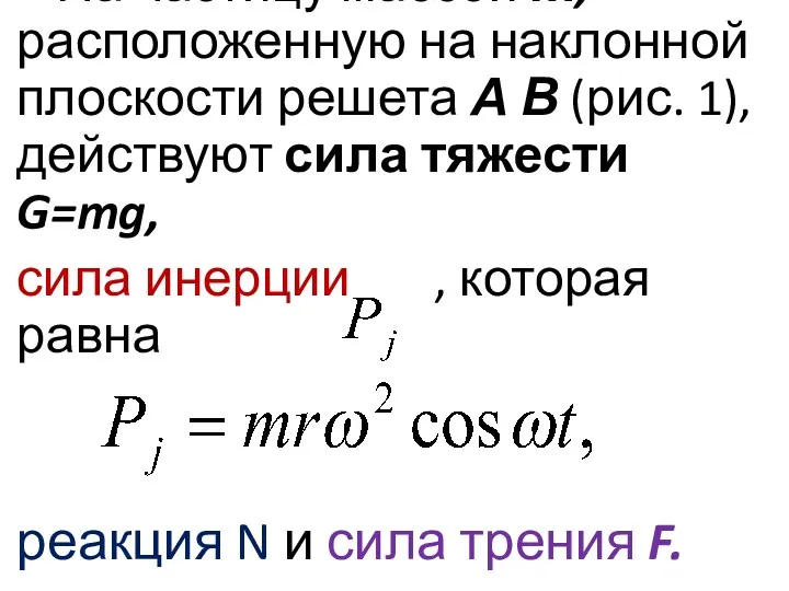 На частицу массой т, расположенную на наклонной плоскости решета А