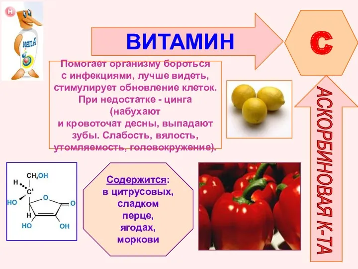 ВИТАМИН C АСКОРБИНОВАЯ К-ТА Помогает организму бороться с инфекциями, лучше видеть, стимулирует обновление