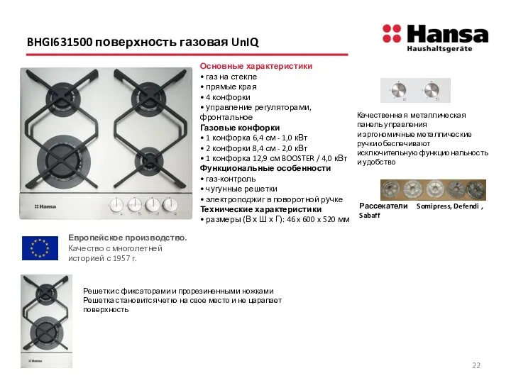 BHGI631500 поверхность газовая UnIQ Основные характеристики • газ на стекле