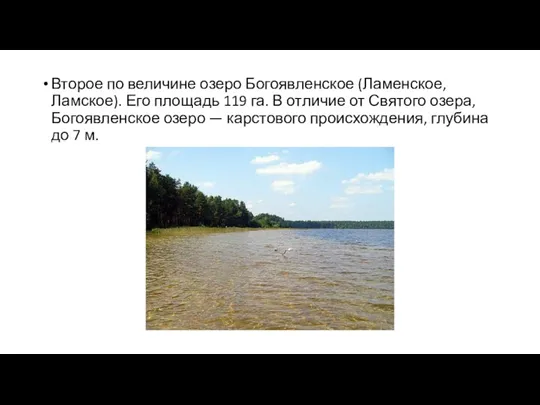 Второе по величине озеро Богоявленское (Ламенское, Ламское). Его площадь 119 га. В отличие