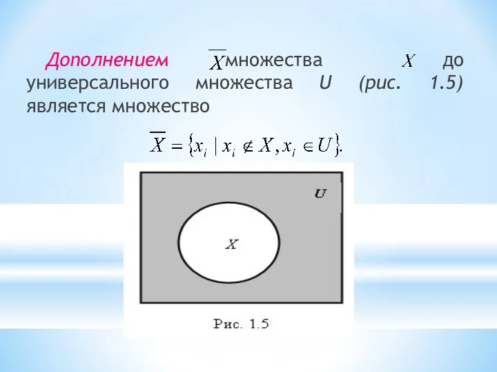 Дополнением множества до универсального множества U (рис. 1.5) является множество