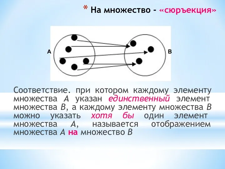 На множество - «сюръекция» Соответствие. при котором каждому элементу множества А указан единственный