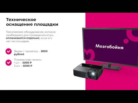 Экран + проектор – 3000 рублей Плазменная панель: 1 шт.