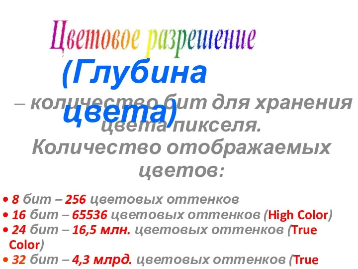 – количество бит для хранения цвета пикселя. Количество отображаемых цветов: