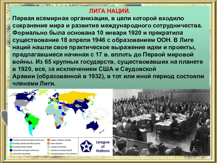 ЛИГА НАЦИЙ. Первая всемирная организация, в цели которой входило сохранение