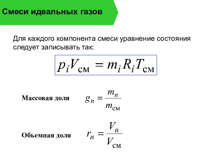 Смеси идеальных газов Для каждого компонента смеси уравнение состояния следует записывать так: Массовая доля Объемная доля