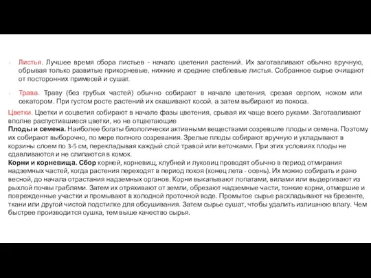 Листья. Лучшее время сбора листьев - начало цветения растений. Их заготавливают обычно вручную,