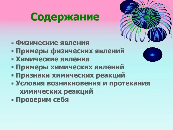 Содержание Физические явления Примеры физических явлений Химические явления Примеры химических