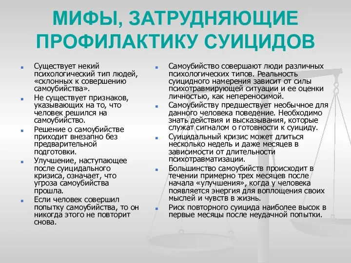 МИФЫ, ЗАТРУДНЯЮЩИЕ ПРОФИЛАКТИКУ СУИЦИДОВ Существует некий психологический тип людей, «склонных