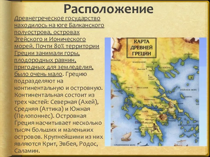 Расположение Древнегреческое государство находилось на юге Балканского полуострова, островах Эгейского
