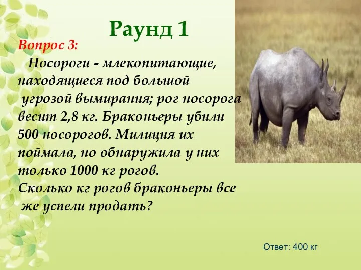 Вопрос 3: Носороги - млекопитающие, находящиеся под большой угрозой вымирания;