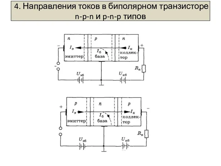4. Направления токов в биполярном транзисторе n-p-n и p-n-p типов